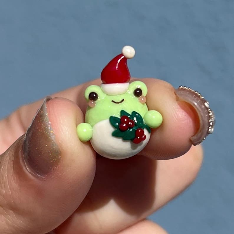Handmade Christmas Frog Charm, Polymer Clay Santa Hat